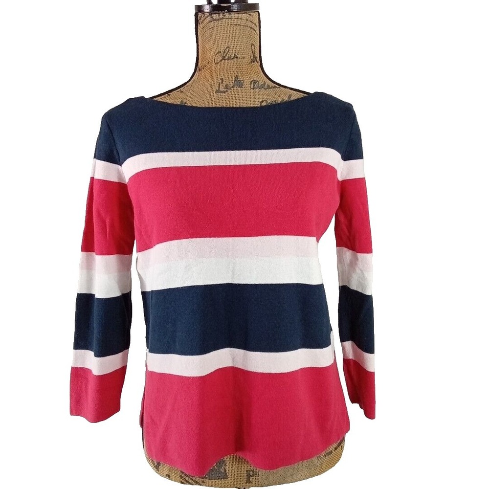 Ann Taylor Sweater Size S Pink Navy Blue Stripe 3/4 Sl Stretch Split Top NICE